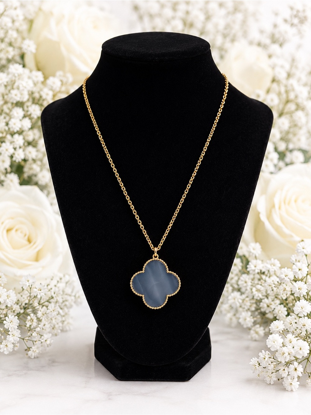 Gold Chain Necklace with Blue Clover Pendant - Women Jewelry - Picture 4 of 4
